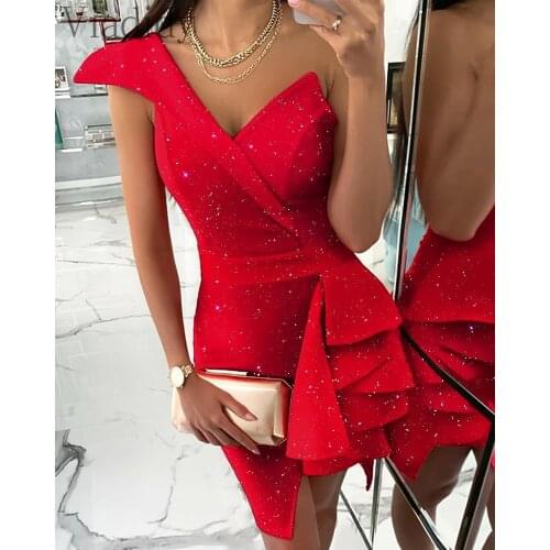 Women Deep V Neck Single Shoulder Ruffles Design Party Dress