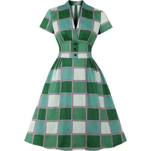 Hepburn 40s 1950s Vintage Dress Women Green Plaid Check Print Pockets Pin Up Vestidos Summer A-Line Party Dresses Plus Size 4XL