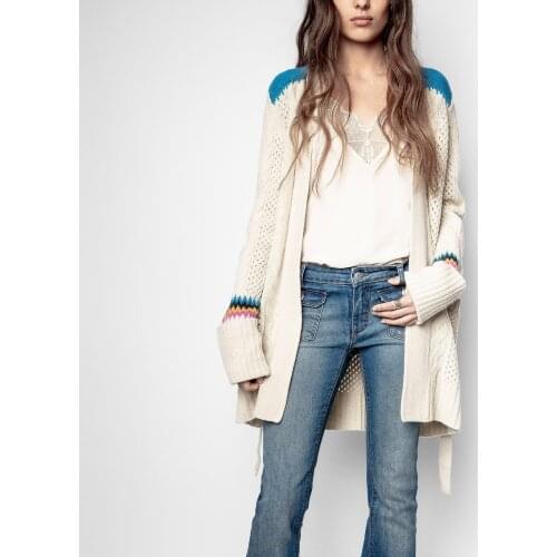 100% Cashmere 2021 Autumn Winter New Color Block Cashmere Kninted Coat Grey Fashion Sweater Lace-up White Cardigan Woman