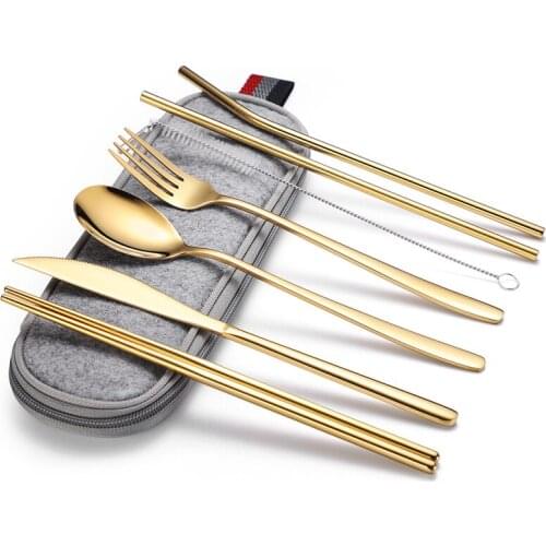 8Pcs Stainless Steel Portable Cutlery Set Picnic Dinnerware Set Camping Travel Flatware Spoon Fork Chopsticks Straw Set Bag