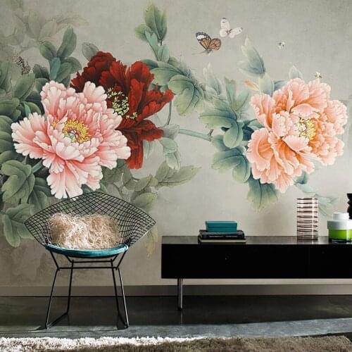 Custom Classical Chinese Style Hand Painted Peony Flower Butterfly Large Mural Wallpaper For Living Room Bedroom Papel De Parede