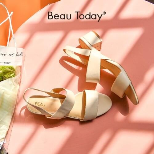 BeauToday Sandals Gladiator Women Cow Leather Slingback Slip-On Block Heel Summer Ladies Dress Shoes Handmade 31041