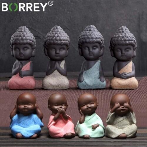 BORREY Purple Clay Tea Pet Buddha Statue Small Monk Ceramic Tea Pet Sakyamuni Crafts Car Figurine Decoration Tea Set Accessories