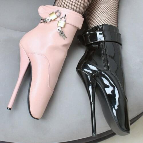 Cosplay Extreme 18cm High Spike Heel Padlocks Fashion Fetish Sexy Thin Heel Pu Leather Lockable Ankle High Strap Ballet Boots
