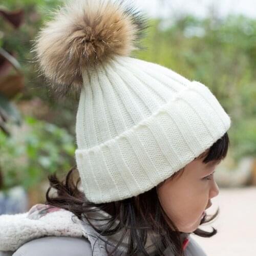 Children Hat With Raccoon Fur Pompom Kid Beanies with Fox Fur Pompom Cap Hat Beanies with Real Fur Bobble Hat Baby Cap Hat