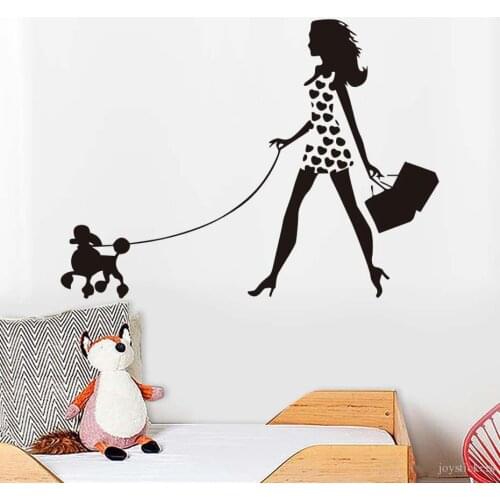 Pet Dog Art Wall Sticker For Living Room Sexy Girl Walking With Poodle Wall Decal Vinyl Removable Wallpaper Home Decor joy174