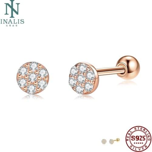 INALIS Round 925 Sterling Silver Stud Earrings Women Full Clear Cubic Zirconia Small Earring Female Rose Gold Fine Jewelry Gift