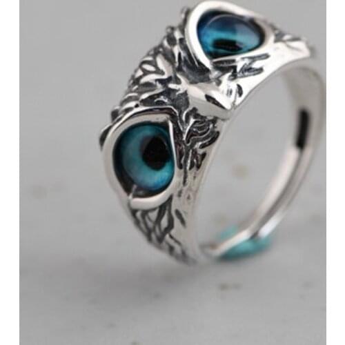 Real 925 Sterling Silver Demon Eye Owl Ring For Women Girl Lovers Retro Animal Open Adjustable Ring Statement Ring Jewelry Gift
