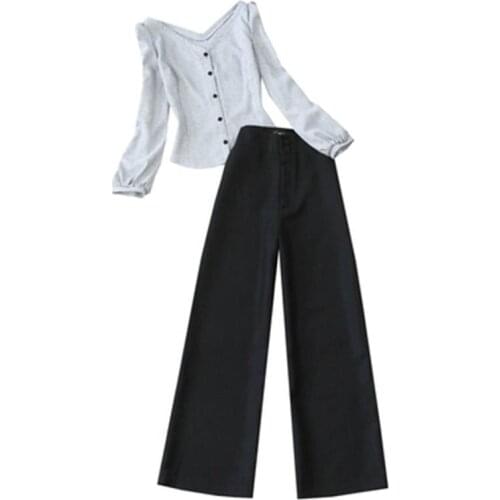 Fashion Plaid Suit Womens Spring New Big V-neck Houndstooth Joker Shirt + Herringbone Wide Leg Pants Two-Piece Set