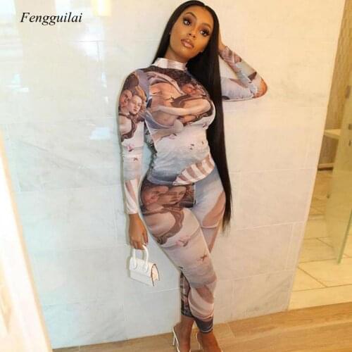 Retro Fashion New 2021 Autumn Womens Printed Skinny Soft Sports 2 Pes Suit