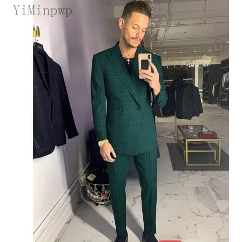 YiMinpwp Green Plaid Men Suits Peaked Lapel Double Breasted Wedding Suits for Men Costume Mariage Homme 2 Piece Coat Pant