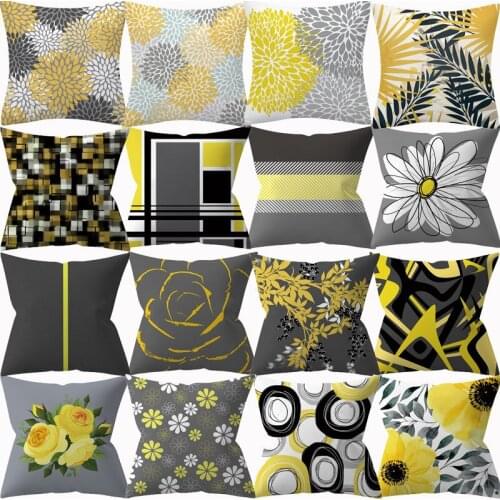 Nordic Decorative Cushion Cover Yellow Gray Floral Geometric Pillow Covers 45x45cm Peach Skin Single Side Print Pillowcases