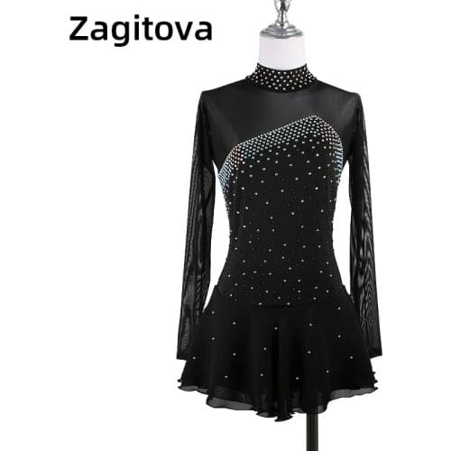 Black Figure Skating Dress For Women And Girls Long Sleeve Custom Ice Figure Skating Clothes With Rhinestones