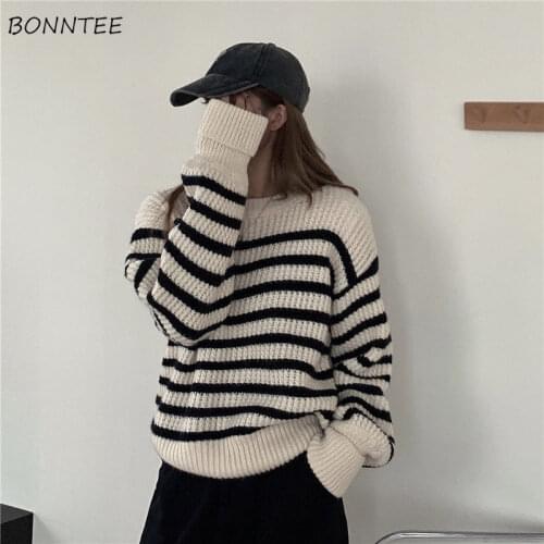 Striped Pullovers Women Simple Basic Japanese Style Chic Trendy Popular All-match Preppy Teenager Spring Autumn Students Sweet