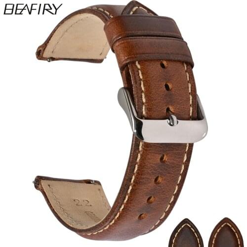 BEAFIRY Oil Tanned Leather 22mm 20mm 18mm Watchband Quick Release Watch Band Strap Brown for Men Women compatible with Fossil
