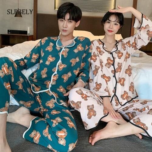 SLPBELY Couple Pajamas Set Homewear Ice Silk Lapel Male Female Pyjamas Long Sleeve Men And Women Nightsuit Lovers Sleepwear New
