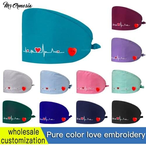 New Unisex Scrub Hats Love with Button Women Men Heart Printed Reuseable Casual Hats Bandage Adjustable Caps Washable Work Hat
