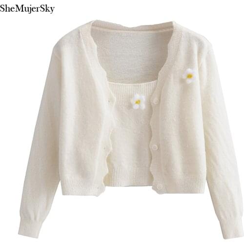 SheMujerSky Women Beige Knitted Cropped Cardigans And Cami Top Matching Set Floral Decorate Sweaters 2021