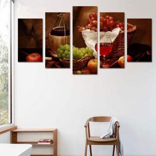 Modern HD Printed Painting Canvas Home Decor 5 Panels Red Wine Fruits Classical Restaurant Poster Frame Modular Pictures