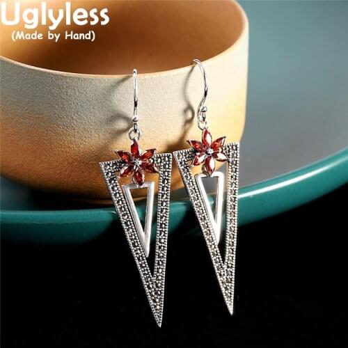 Uglyless Exotic Triangle Dangle Earrings for Women Vogue Garnet Flowers Earrings Summer Fashion Dress Brincos 925 Silver Jewelry