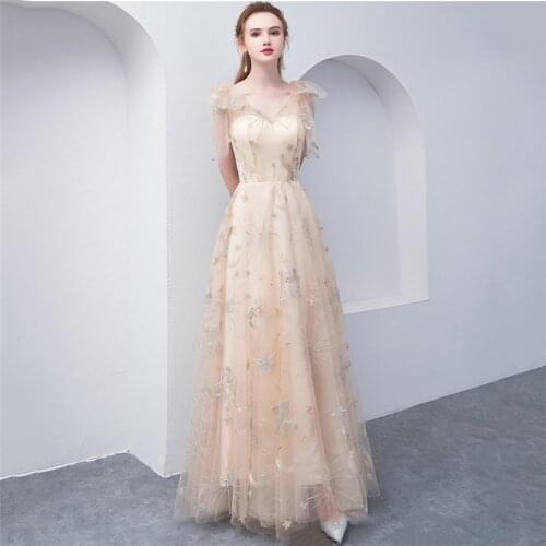 Party Dress Champagne S-3XL V Neck Floor-length Dresses 2019 Spring Summer Noble Elegant Slim Star Embroidery Dress Vestido LR44