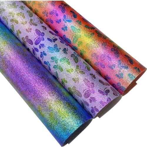 Butterfly Printed Vinyl Metallic Rainbow Iridescent PU Faux Leather Fabric Sheet for Making Sewing/DIY Accessories/Decorative