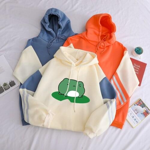 Harajuku Women Fleecelined Loose Hoodie Leisure Style Cartoon Monster Printing Long Sleeve Sweatshirt Tops for Autumn Winter