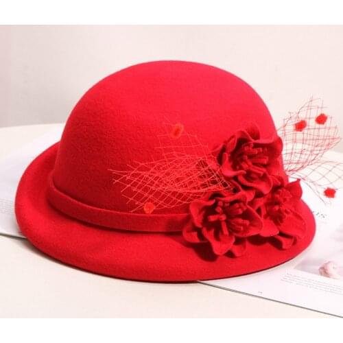 H788 Women Wool Felt Fedora Hat Korean Fashion Autumn Winter Warm Fedoras Cap Elegant Flower Mesh Yarn British Retro Basin Hats