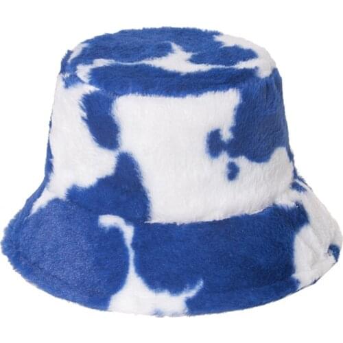 Women Winter Warm Fluffy Plush Bucket Hat Milk Cow Print Panama Fisherman Cap