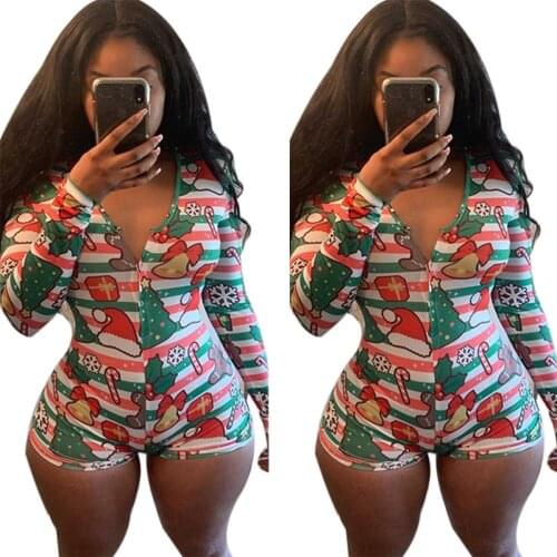 Womens Long-Sleeve Top, Sleep Romper, Christmas Tree Printed V-Neck Tight Leisure Home Wear