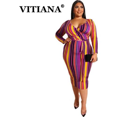 VITIANA Women Plus Size Colorful Dress Autumn 2019 Female V-Neck Long Sleeve Striped Sexy Dresses Ladies OL Vestidos With Belt