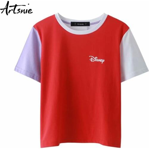 Artsnie disney red casual patchwork women t shirt summer o neck shoet sleeve tops female streetwear casual cartoon print t-shirt