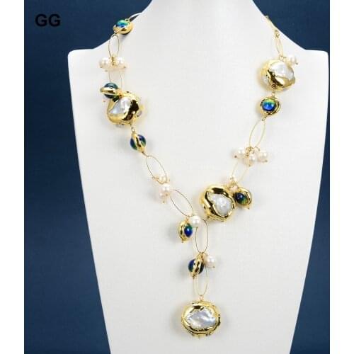 GuaiGuai Jewelry Natural Freshwater Cultured White Keshi Pearl Blue Murano Glass Necklace 21" For Women