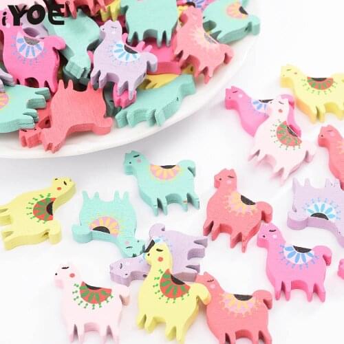 IYOE 30pcs/Lot 21x27mm Alpaca Wood Beads Natural Wooden Cute Animal Spacer Beads For Making Jewelry DIY Craft Home Decor