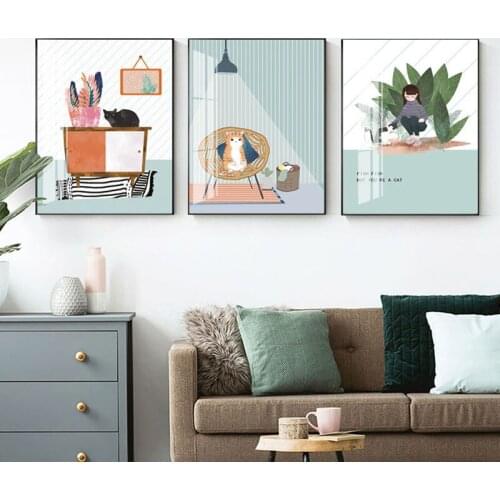 Cute Cartoon Cat Little girl modern Nordic Minimalism Style Picture Canvas Wall Art Poster Painting For Childrens Room Decor