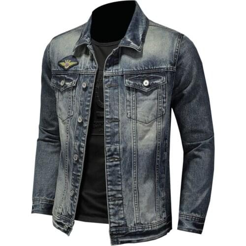 Retro Men Denim Jacket Cotton Turndown Collar Badge Long Sleeve Slim Clothes Motorcycle Bomber Cowboy Jeans Coat Male Brand