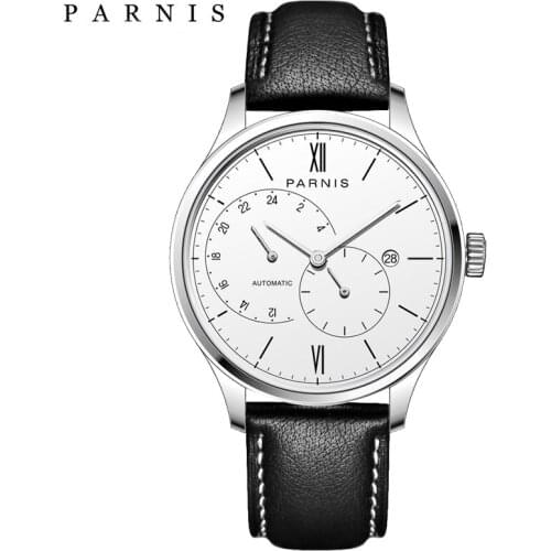 New Parnis Automatic Watch Men Ultra Thin Mesh Steel Band Leather Strap Mens Mechanical Watches horloge mannen 2019 with box