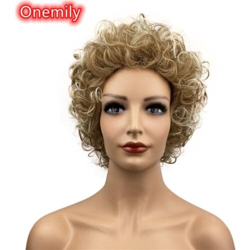 Onemily Short Wavy Wave Curly Heat Resistant Synthetic Hair Wigs for Women Girls Party Evening Out Golden Blonde