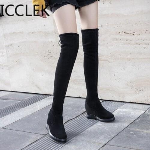 2020 Autumn Winter Sexy Elastic Flock Slim Fit Over The Knee Boots Women med heel thigh ladies High heel Thigh High botas Shoes
