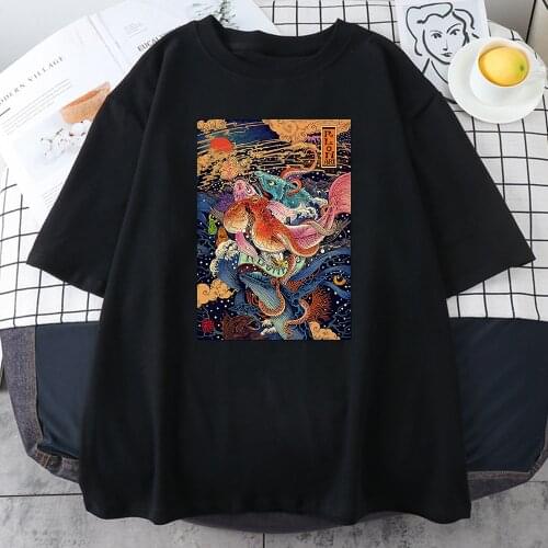 Rlon Wang Japanese Ukiyoe Style Womens T-Shirt Hip Hop Casual Tshirts 2021 Harajuku Trendy T Shirts Summer Black Tees Women 2021