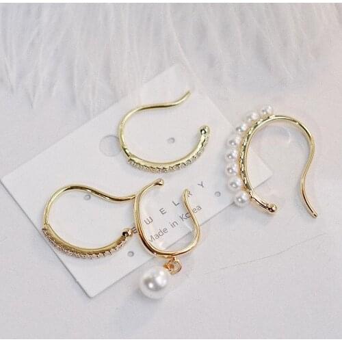 Chic Gold Irregular U Shape Pearl Earcuff Full Pearls Crystal Clip on Earrings Fake Piercing Ear Cuff Set Jewelry 4pcs/sets