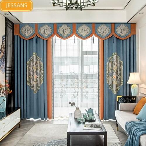New Chinese Rich Bamboo Printing Stitching Blackout Curtains for Living Room Study Bedroom Custom Finished Valance