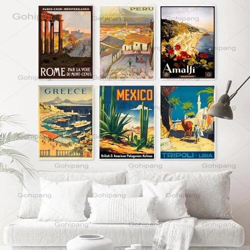 Nordic Vintage Travel Cities Poster Greece Mexico Rome Peru Libya Italy Landscape Art Canvas Painting Wall Pictures Home Decor