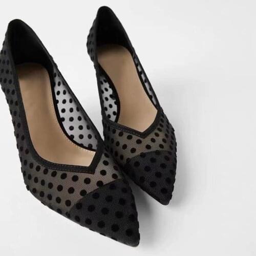 Spring Thin Heels Pumps Shoes Women Pointed Toe High Heel Work Shoes Polka Dot Mesh Vintage Elegant Shallow Pumps For Party35-40