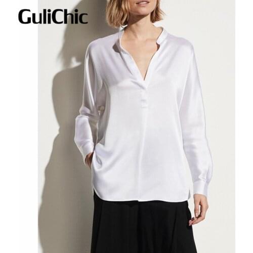 9.2 GuliChic High Quality Women Fashion Temperament V-Neck Long Sleeve Loose Silk Satin Shirt Blouse