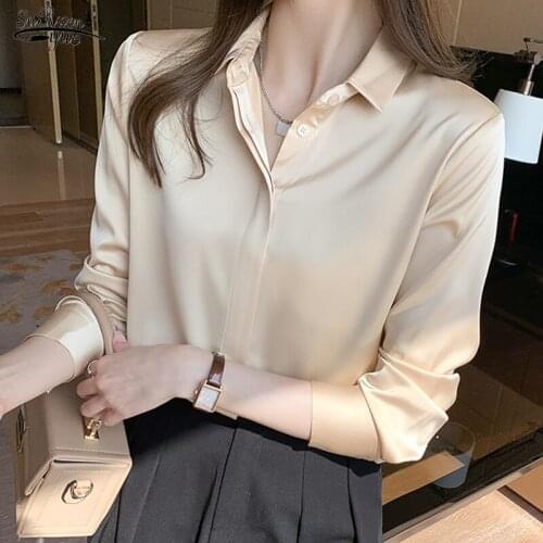 Spring New Turn-down Collar Office Satin Shirt Blouses Women Long Sleeve Top Blouse Casual Chiffon Blouse Loose Solid Tops 12803