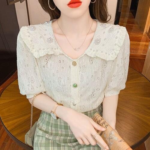 Vetement Femme 2021 Summer Bubble Sleeve Womens Blouses Dropshipping Beading Ruffled Vintage Top Blusas Shirts for Women 0658