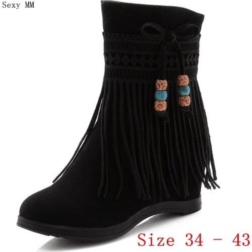 Autumn Spring Women Mid Calf Boots Booties Wedges Height Increasing Woman Short Boots Shoes Small Plus Size 34 - 40 41 42 43