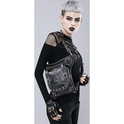 Women Retro Rock Cool Gothic Black PU Leather Rivet Zipper Steampunk Multipurpose Bag Costume Burlesque Cosplay Corset Clothing