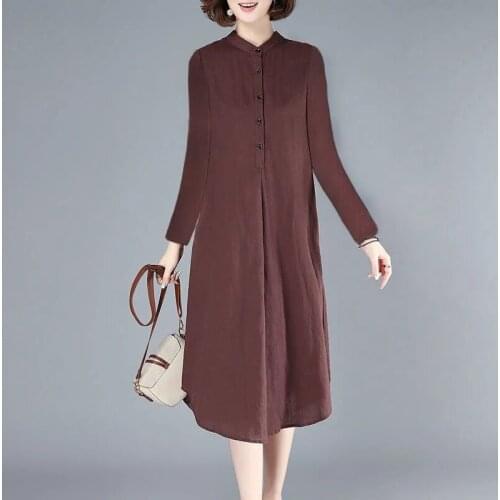 Solid Color Korean Loose Dress Female 2021 Cotton And Linen Thincover Belly Literary Stand Collar Mother Dress Female Elegant